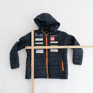 KARBON Alpine Racing Ski Club Navy Puffer Zip Up w/ Removable Hood Winter Jacket